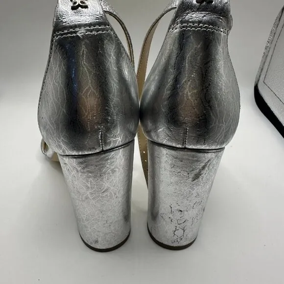 Sam Edelman Yaro Block Heels – Metallic Silver Statement Sandals