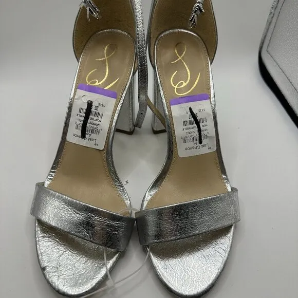 Sam Edelman Yaro Block Heels – Metallic Silver Statement Sandals
