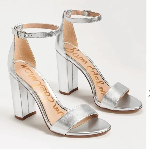 Sam Edelman Yaro silver leather ankle strap block heel sandals Sz 10 new