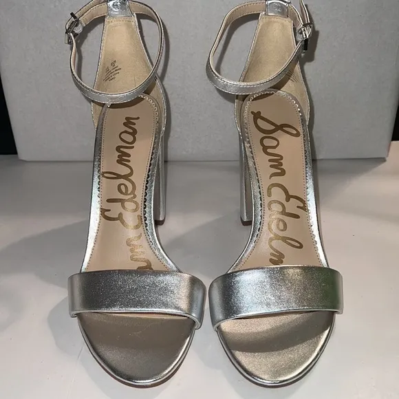 Sam Edelman Yaro silver leather ankle strap block heel sandals Sz 10 new