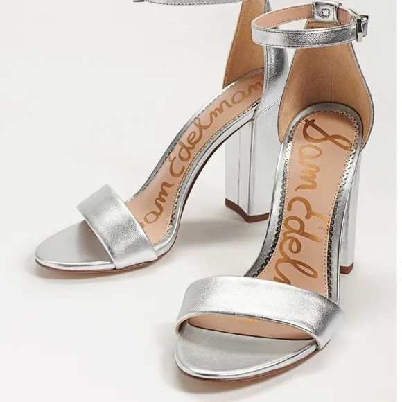 Sam Edelman Yaro silver leather ankle strap block heel sandals Sz 10 new