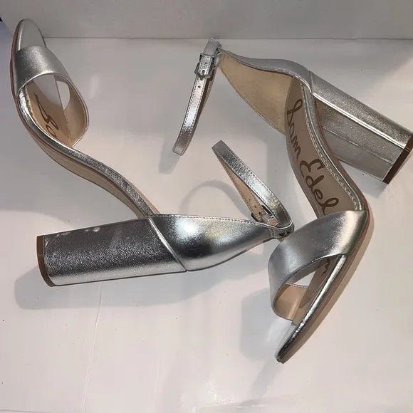 Sam Edelman Yaro silver leather ankle strap block heel sandals Sz 10 new