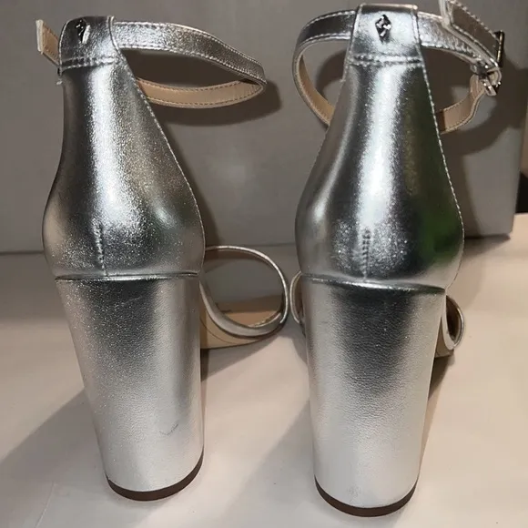 Sam Edelman Yaro silver leather ankle strap block heel sandals Sz 10 new