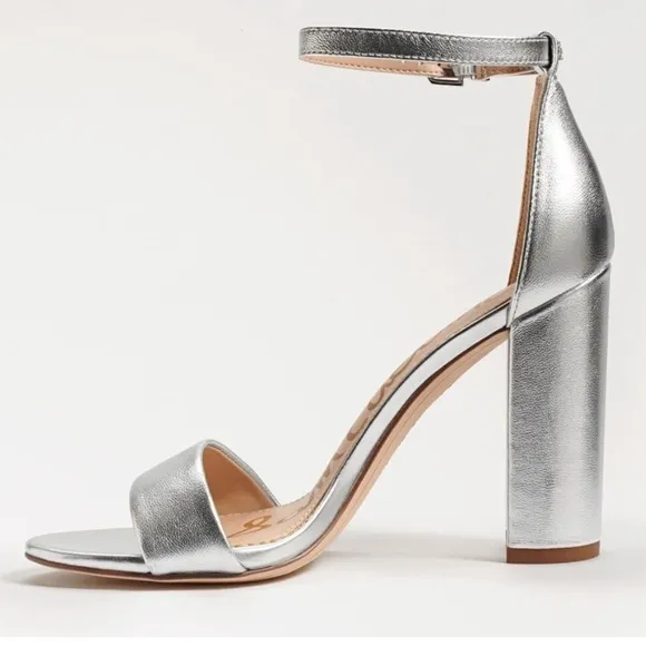 Sam Edelman Yaro silver leather ankle strap block heel sandals Sz 10 new