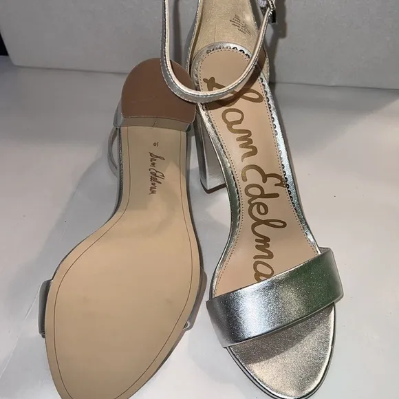 Sam Edelman Yaro silver leather ankle strap block heel sandals Sz 10 new