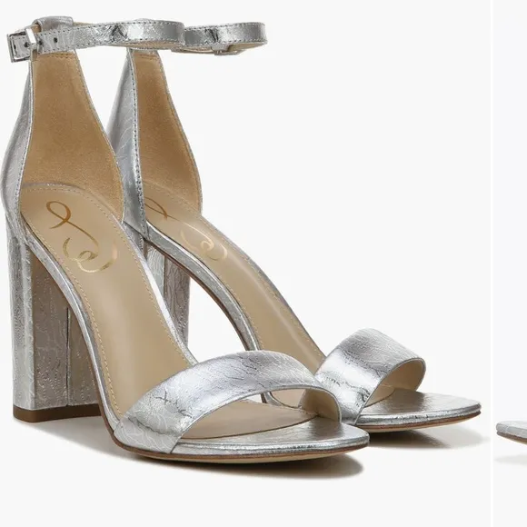 Sam Edelman Yaro Silver Metallic Leather Ankle Strap High Heel Sandals Sz 7.5