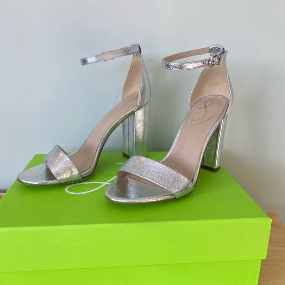Sam Edelman Yaro Silver Metallic Leather Ankle Strap High Heel Sandals Sz 7.5
