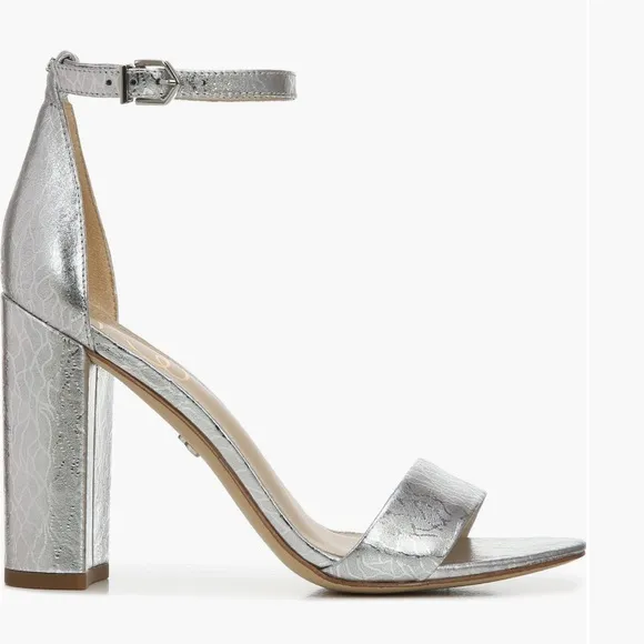 Sam Edelman Yaro Silver Metallic Leather Ankle Strap High Heel Sandals Sz 7.5