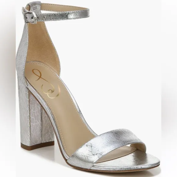 Sam Edelman Yaro Silver Metallic Leather Ankle Strap High Heel Sandals Sz 7.5