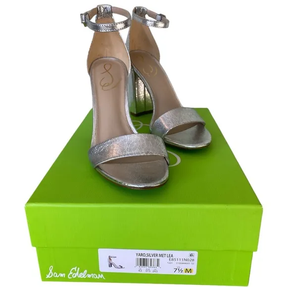 Sam Edelman Yaro Silver Metallic Leather Ankle Strap High Heel Sandals Sz 7.5