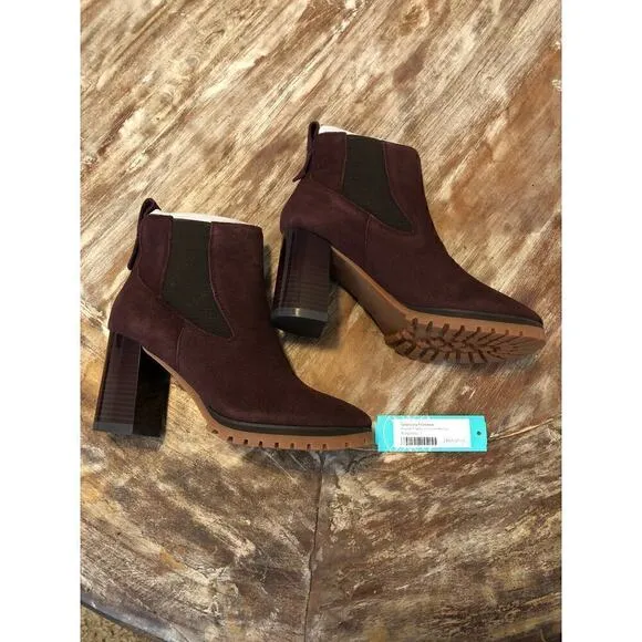 Sanctuary Ravish Booties Suede Block Heel Ankle Chelsea Boots Burgundy NWT Sz 7