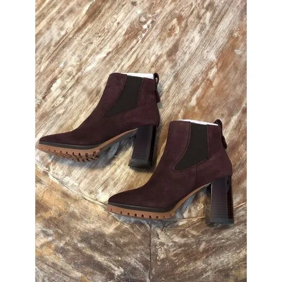 Sanctuary Ravish Booties Suede Block Heel Ankle Chelsea Boots Burgundy NWT Sz 7