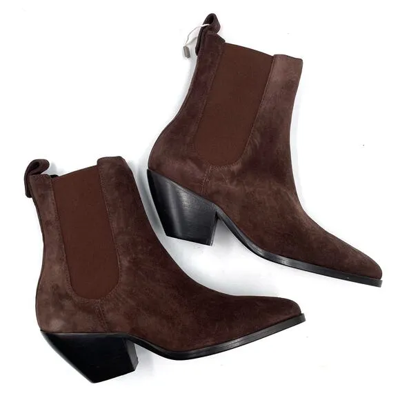Sandro Marron Chelsea Boots Brown Suede Western Pointed Block Heel Sz 36 / 6