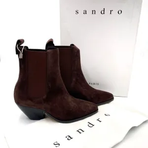 Sandro Marron Chelsea Boots Brown Suede Western Pointed Block Heel Sz 36 / 6
