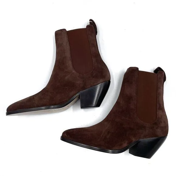 Sandro Marron Chelsea Boots Brown Suede Western Pointed Block Heel Sz 36 / 6