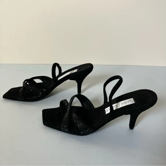 Santini Mavardi Black Suede Jet Stone Kitten Heel Sandals size EU 36