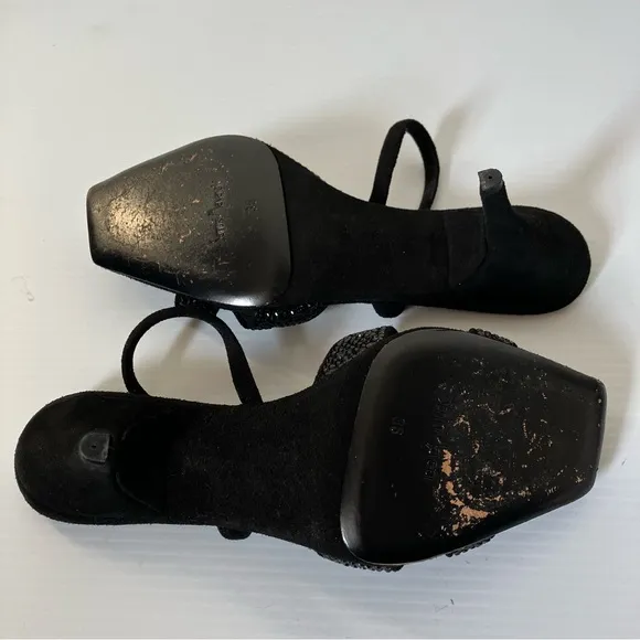 Santini Mavardi Black Suede Jet Stone Kitten Heel Sandals size EU 36
