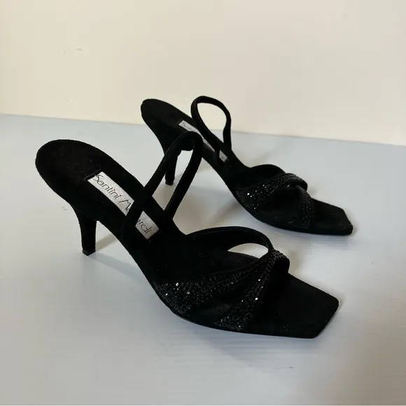 Santini Mavardi Black Suede Jet Stone Kitten Heel Sandals size EU 36