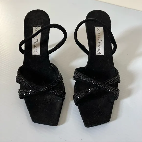 Santini Mavardi Black Suede Jet Stone Kitten Heel Sandals size EU 36