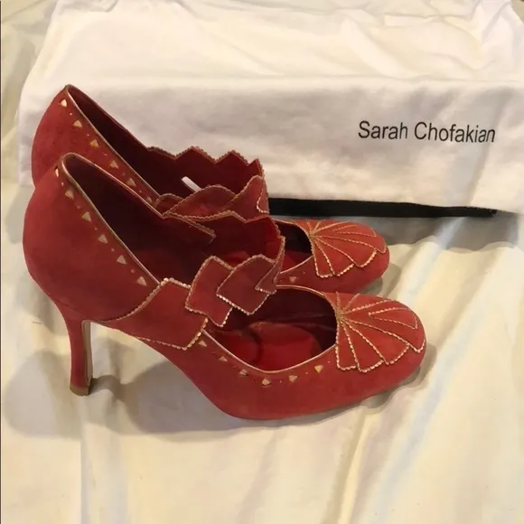 SARAH CHOFAKIAN Red Gold Mary Jane Suede Pumps EU 39