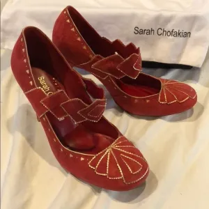 SARAH CHOFAKIAN Red Gold Mary Jane Suede Pumps EU 39