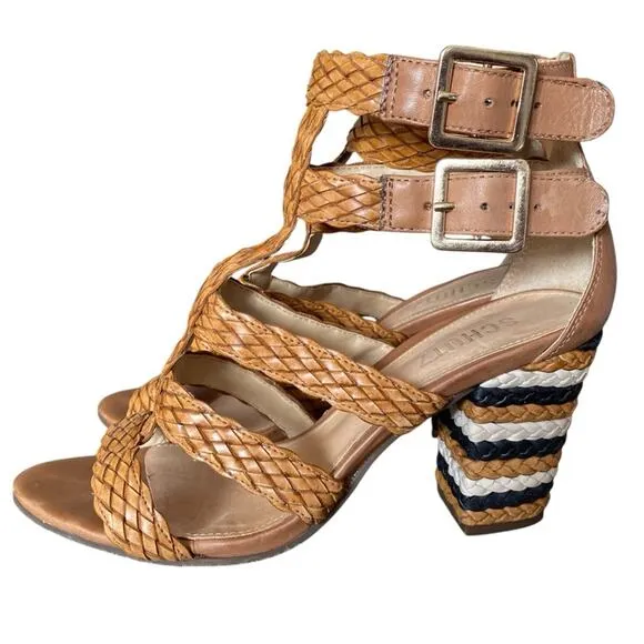 Schutz Alycia Leather Block Heel Brown Tan Sandals Heels size 8.5