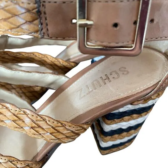 Schutz Alycia Leather Block Heel Brown Tan Sandals Heels size 8.5