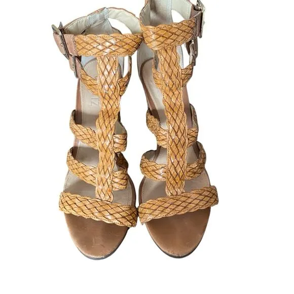 Schutz Alycia Leather Block Heel Brown Tan Sandals Heels size 8.5