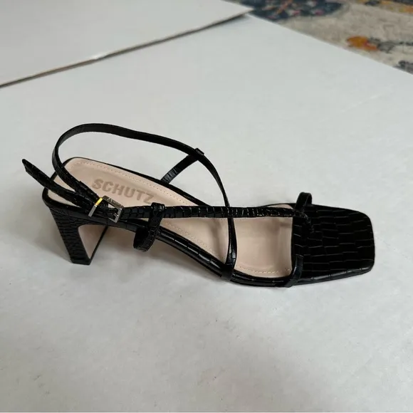 Schutz Amaia High Block Sandals in Black Croc Leather sz 8