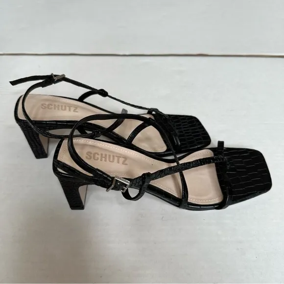 Schutz Amaia High Block Sandals in Black Croc Leather sz 8