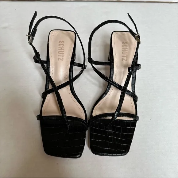 Schutz Amaia High Block Sandals in Black Croc Leather sz 8