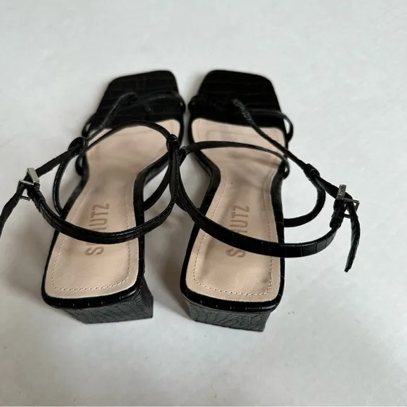 Schutz Amaia High Block Sandals in Black Croc Leather sz 8