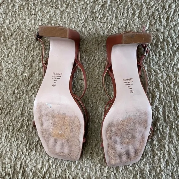 Schutz Amaia Sandals Copper Leather Orange Brown Heel Square Toe