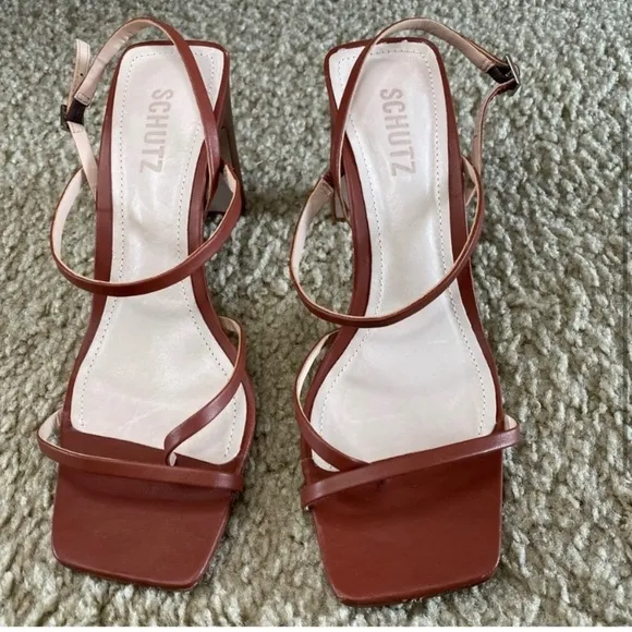 Schutz Amaia Sandals Copper Leather Orange Brown Heel Square Toe