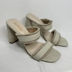 Schutz Amely Mid Block Linen Sandals Size 8.5 New