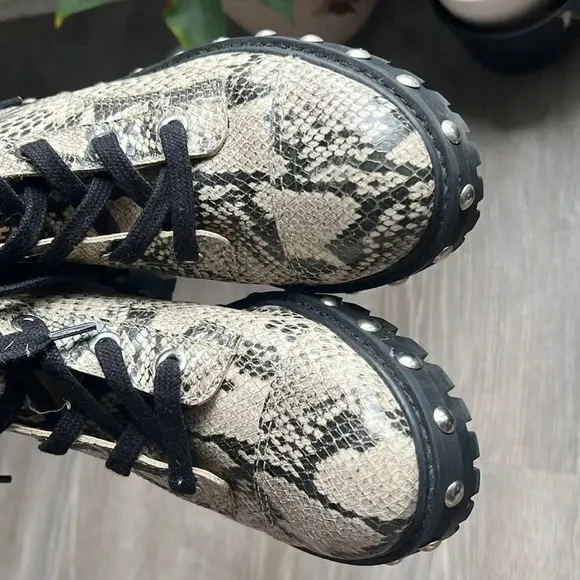 Schutz Andrea Studded Snake-Print Leather Combat Boots