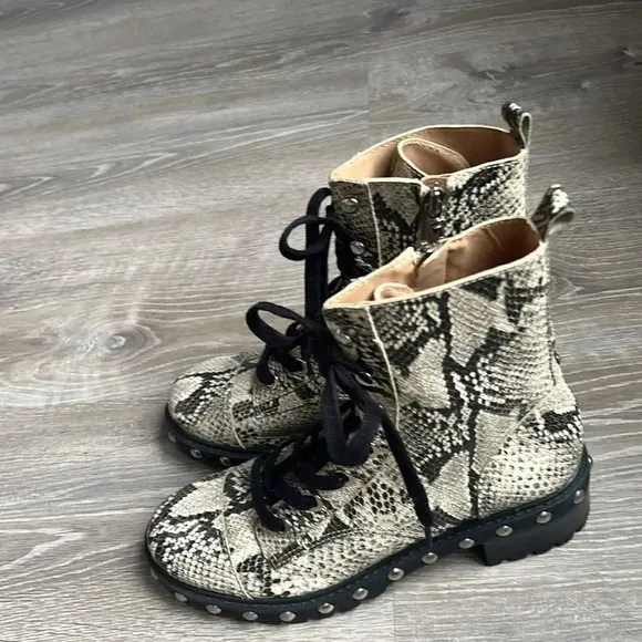 Schutz Andrea Studded Snake-Print Leather Combat Boots