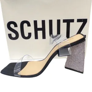Schutz Ariellen Black Crystal Embellished Triangle Heel Vinyl Sandals 10.5
