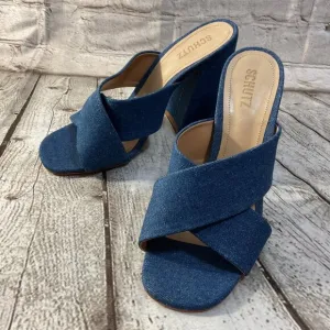 SCHUTZ Callie Denim Criss Cross Sandals Sz 10 Block Heels Blue Jean Open Toe