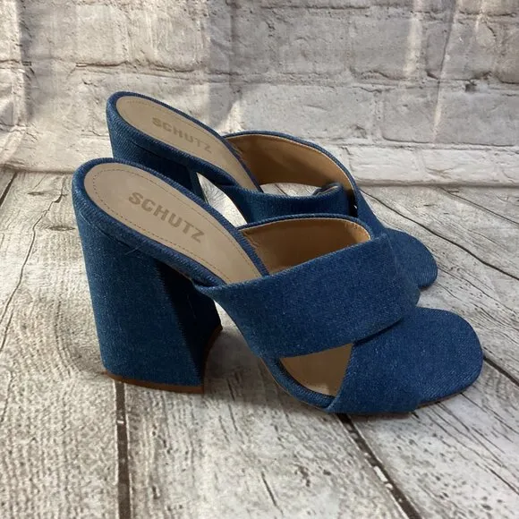 SCHUTZ Callie Denim Criss Cross Sandals Sz 10 Block Heels Blue Jean Open Toe