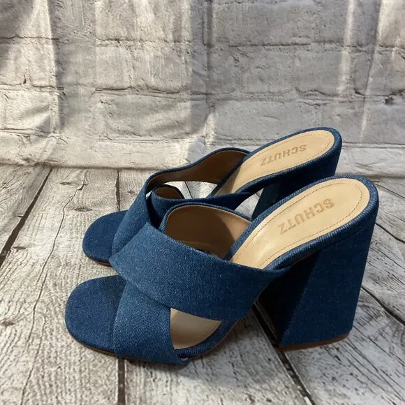 SCHUTZ Callie Denim Criss Cross Sandals Sz 10 Block Heels Blue Jean Open Toe