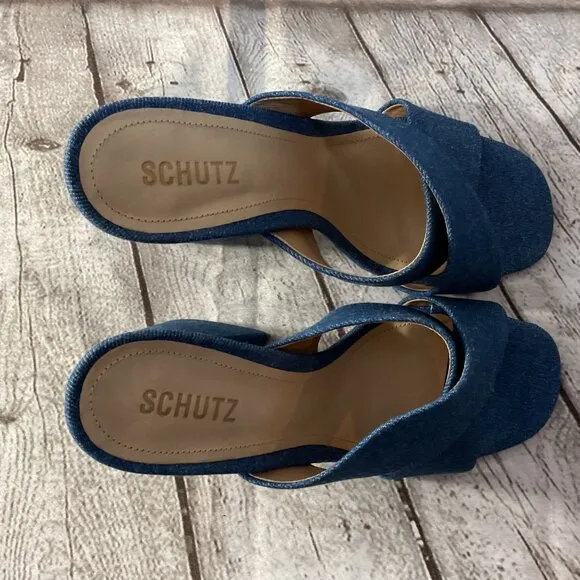 SCHUTZ Callie Denim Criss Cross Sandals Sz 10 Block Heels Blue Jean Open Toe