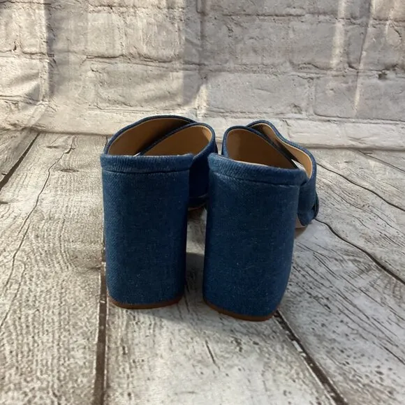 SCHUTZ Callie Denim Criss Cross Sandals Sz 10 Block Heels Blue Jean Open Toe