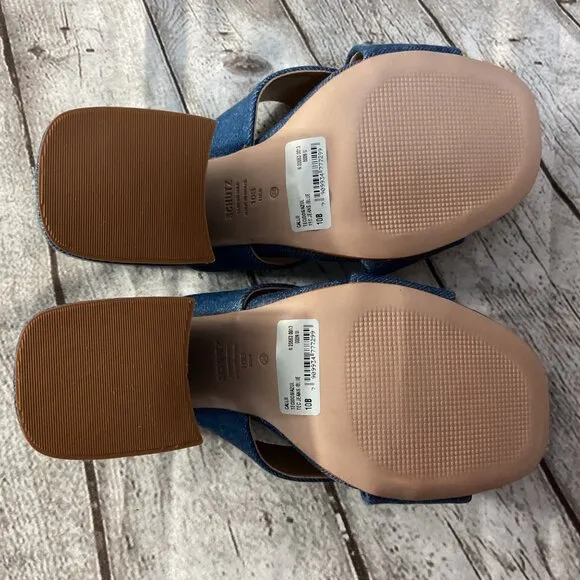 SCHUTZ Callie Denim Criss Cross Sandals Sz 10 Block Heels Blue Jean Open Toe