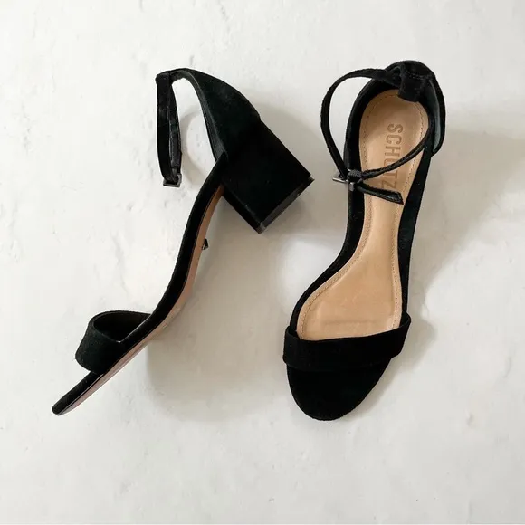 [schutz] chimes suede ankle strap open toe block heel sandals black 6.5