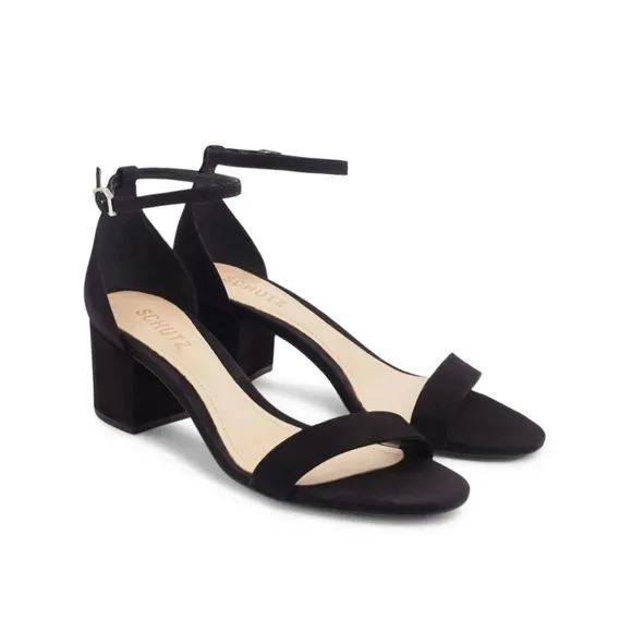 [schutz] chimes suede ankle strap open toe block heel sandals black 6.5