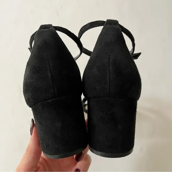 [schutz] chimes suede ankle strap open toe block heel sandals black 6.5