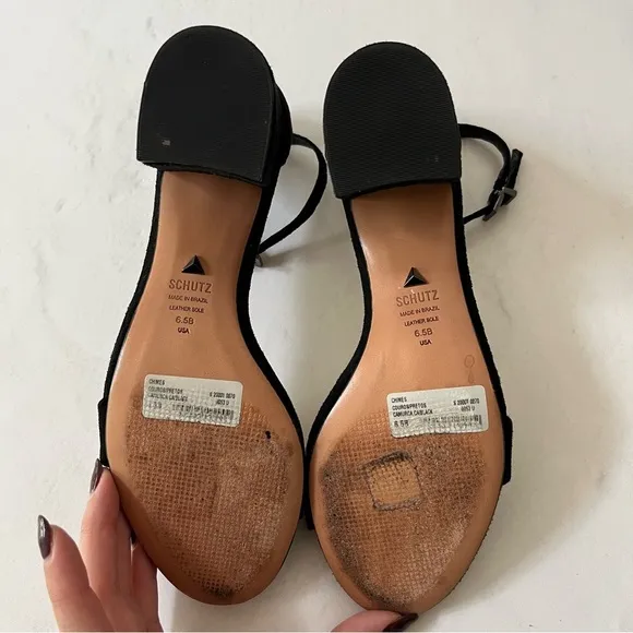 [schutz] chimes suede ankle strap open toe block heel sandals black 6.5