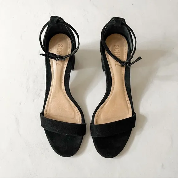 [schutz] chimes suede ankle strap open toe block heel sandals black 6.5