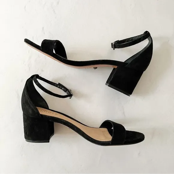 [schutz] chimes suede ankle strap open toe block heel sandals black 6.5